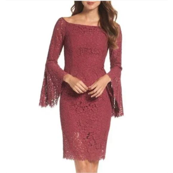 BARDOT Maroon Off the Shoulder Bell Sleeve Lace Dress // 10 - Picture 1 of 10